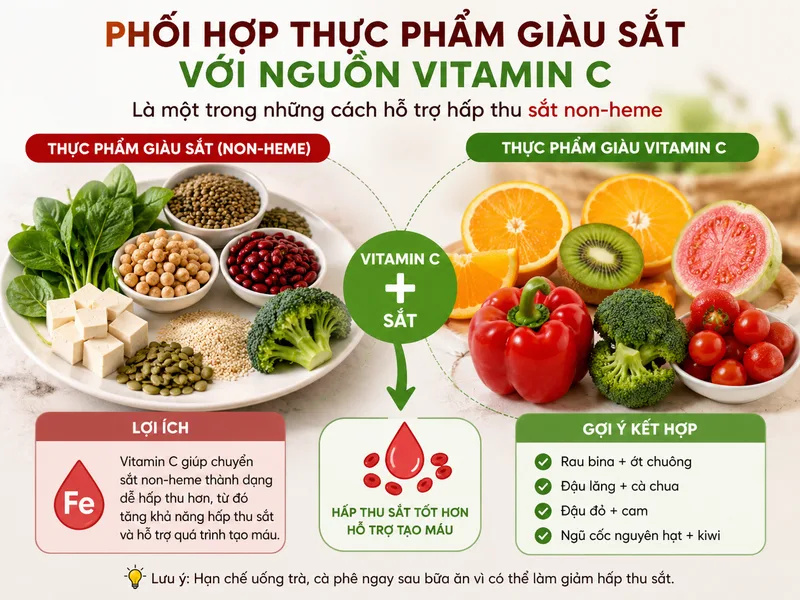 Phối hợp thực phẩm giàu sắt với nguồn vitamin C là một trong những cách hỗ trợ hấp thu sắt non-heme