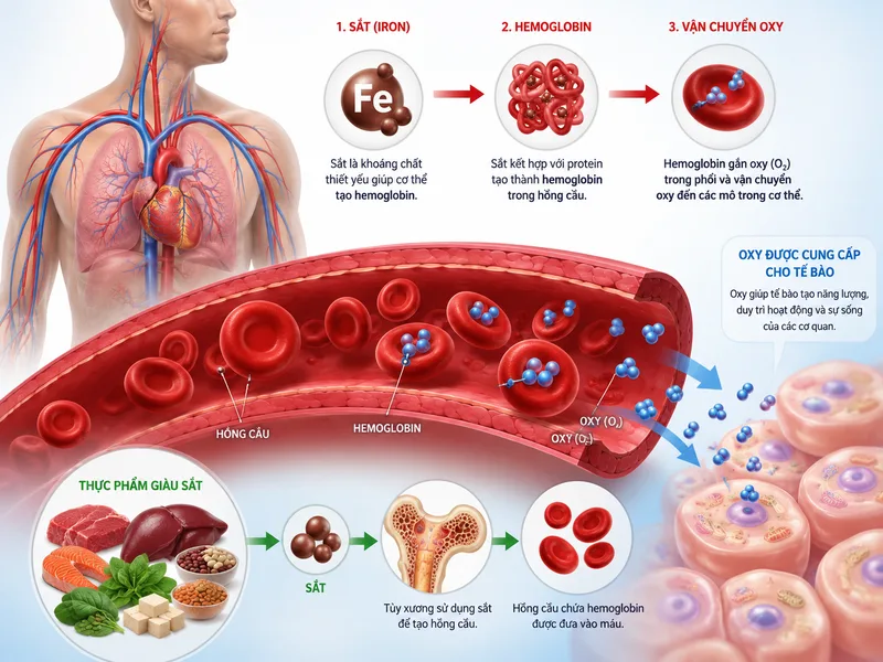 Sắt tham gia vào quá trình tạo hemoglobin và hỗ trợ vận chuyển oxy đến các mô trong cơ thể