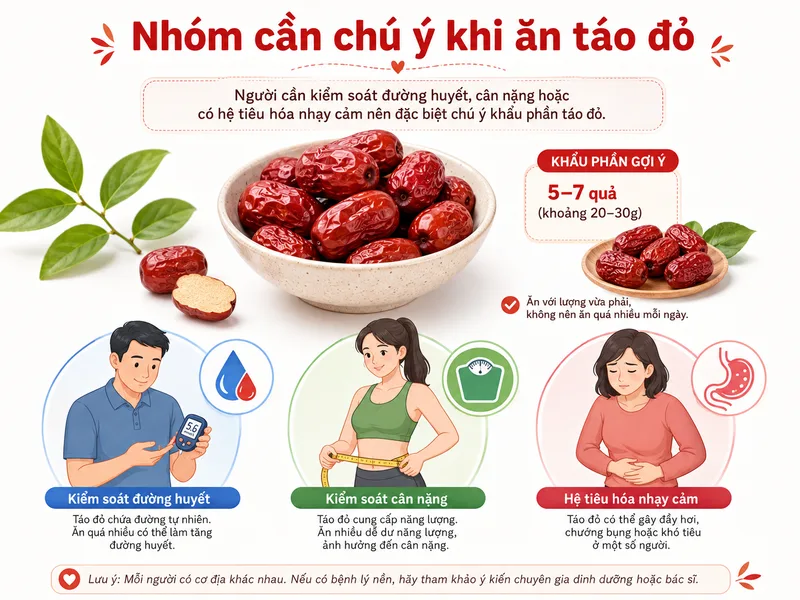 Người cần kiểm soát đường huyết, cân nặng hoặc có hệ tiêu hóa nhạy cảm nên đặc biệt chú ý khẩu phần táo đỏ.